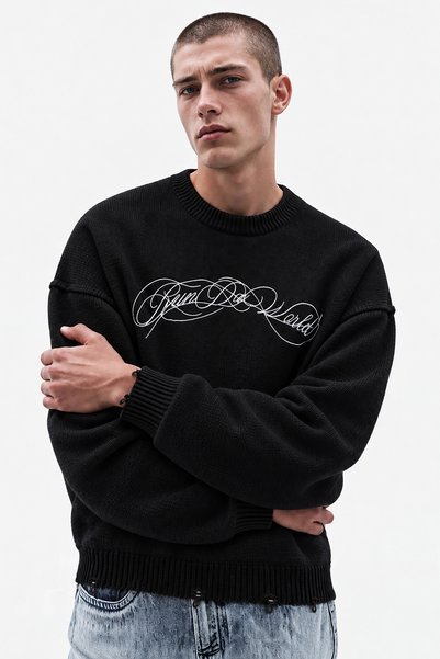 TWILIT Nakışlı Boxy Fit Triko Kazak Erkek Sweatshirt Oversize - Siyah