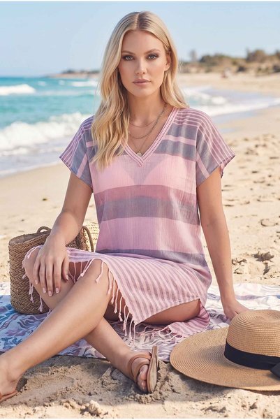 Dosimira Women's Pink Striped Cotton Collared Beach Dress