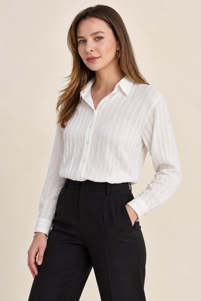 Nuevo White Textured Women's Shirt Long Sleeve Relaxed Fit Stylish Shirt -