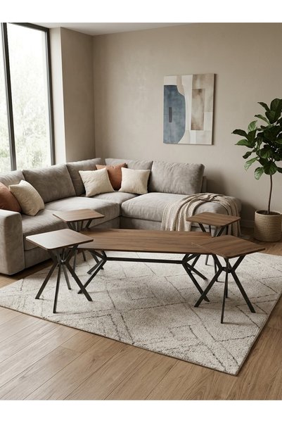 IN HOME STORE طقم طاولة قهوة مع طاولات خدمة مربعة خشب وبديل معدن