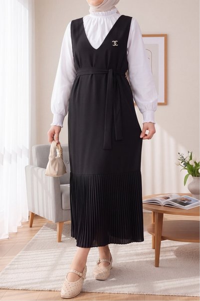 HİJABAYA Suknja plisirana, lepršava, dužine do članaka, hijab, sa pojasom - crna