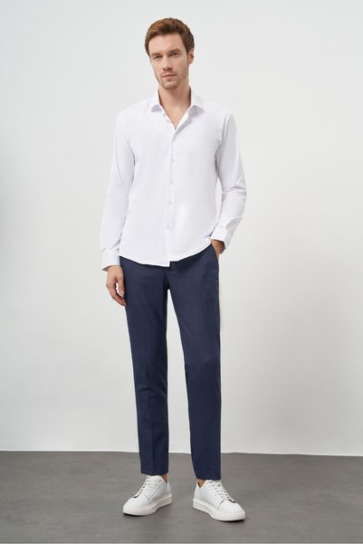 Morven Men's White Basic Plain Pattern Italian Collar Slim Fit Shirt