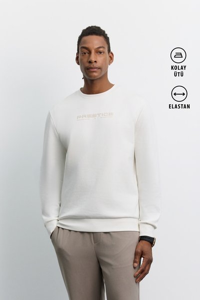 Avva Men's Ecru Crew Neck Easy-Iron Printed Interlock Regular Fit Sweatshirt ...