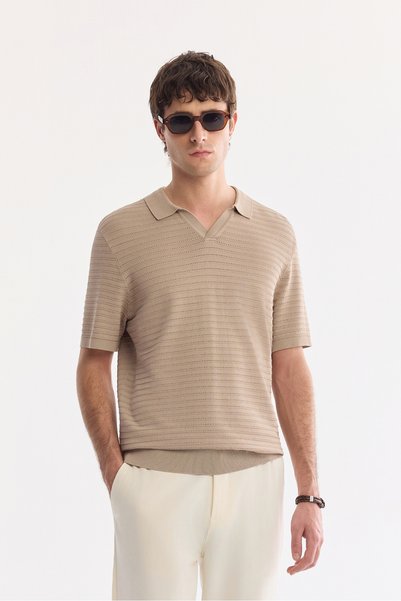 Avva Erkek Vizon Polo Yaka Düğmesiz Dokulu Triko Regular Fit T-Shirt A61Y5033