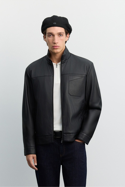Avva Men's Black Stand Collar Faux Seasonal Comfort Fit Leather Coat A62Y6107