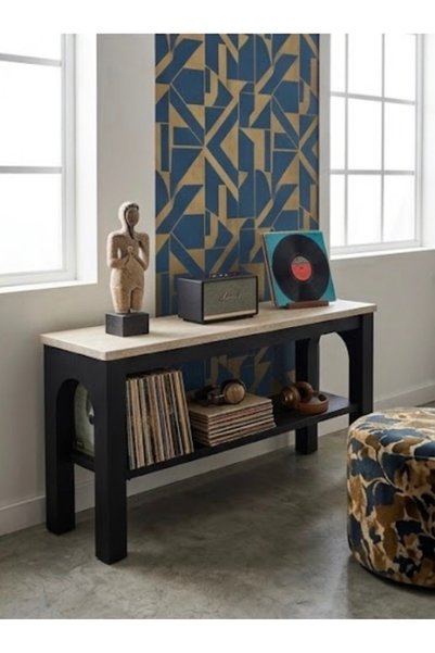 IN HOME STORE طاولة تلفزيون بتصميم مستطيل مع رف سفلي خشب وبيج