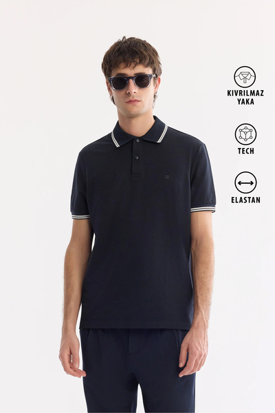 Avva Men's Navy Blue Non-Curling Polo Collar Cotton Pack Technical Fabric Reg...