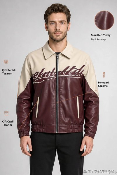 Freemen Jachetă din piele artificială oversize, de culoare burgundy, cu blană...