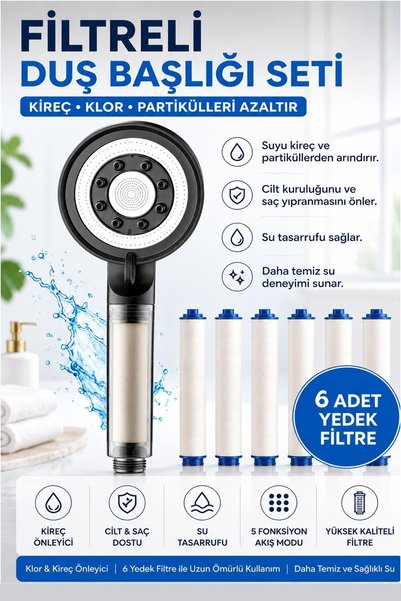 Kitchen Beauty Filtreli Duş Başlığı | 6 Adet Yedek Filtre | Kireç Önleyici | ...