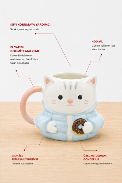 Rosie Ceketli Kedi Figürlü Kupa, El Yapımı, Kahve Kupası, Mug, 400 ml