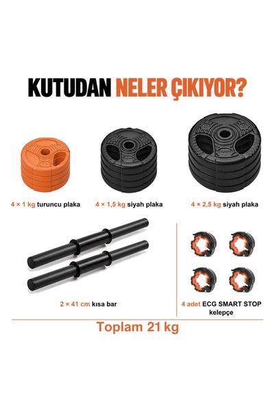 ECG Ecgspor 21 KG (2x10,5kg) Multifonksiyonel Grip Plate Dambıl Seti Turuncu -siyah