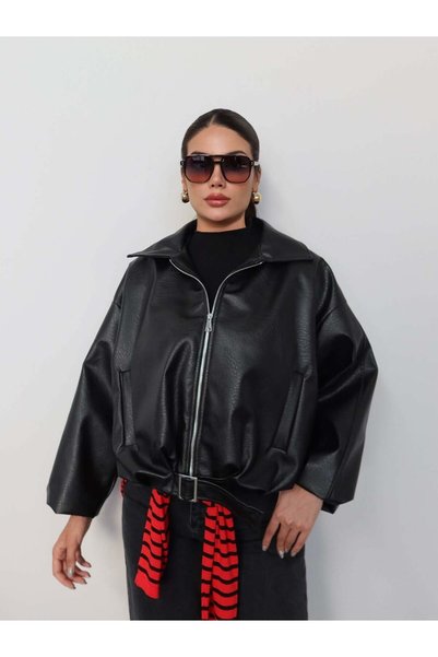 ESRAHELVACI Waist Belted Balloon Sleeve Leather Jacket