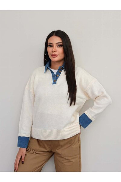 ESRAHELVACI Buttoned Denim Detail Knitwear Sweater