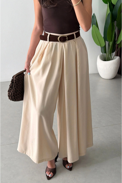 FEMMESTUDIO Women's Ecru Wide-Leg Tencel Fabric Belted Trousers