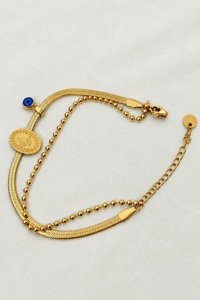 beus Top ve Balık Sırtı Boncuk Detaylı Bileklik 316L Paslanmaz Çelik Gold Ayarlanabilir - Kadın