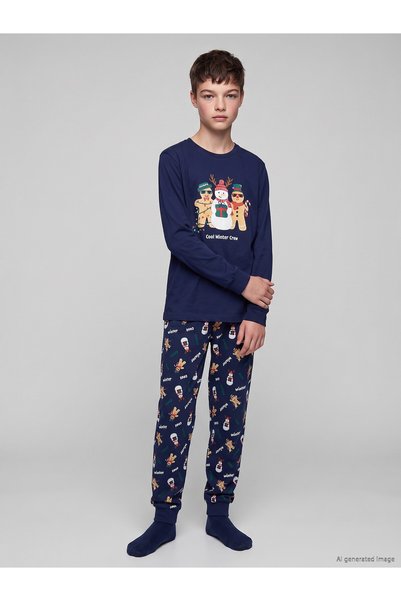 LC Waikiki Ozmarka New Season Navy Blue New Year's Themed Boys' Pajama Set