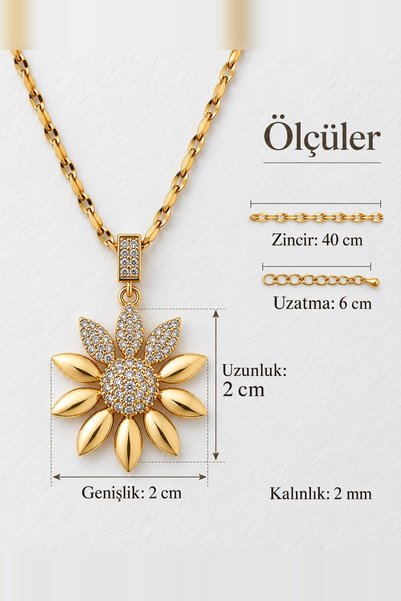 beus Zirkon Taşlı Papatya Kolye 316L Paslanmaz Çelik Gold 40+6 cm - Kadın