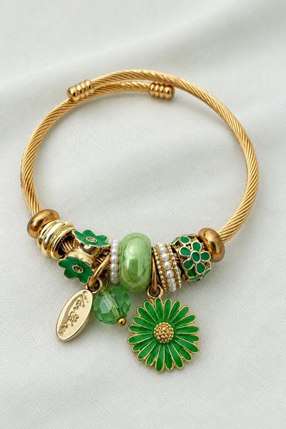 beus Yeşil Charm Detaylı Bileklik 316L Paslanmaz Çelik Gold Ayarlanabilir - Kadın