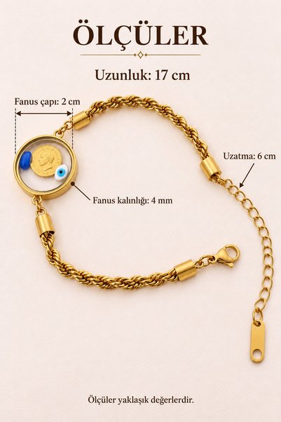 beus Çeyrek Figürlü Nazar Boncuk Detaylı Bileklik 316L Paslanmaz Çelik Gold - Kadın