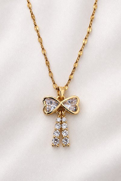 beus Zirkon Taşlı Damla Detaylı Fiyonk Kolye 316L Paslanmaz Çelik Gold 40+6 cm - Kadın