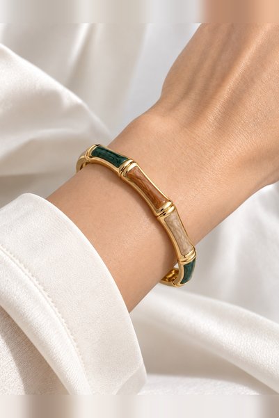 beus Renkli Emaye Bambu Model Kelepçe Bileklik 316L Paslanmaz Çelik Gold - Kadın