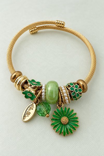 beus Yeşil Charm Detaylı Bileklik 316L Paslanmaz Çelik Gold Ayarlanabilir - Kadın