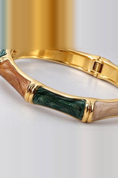 beus Renkli Emaye Bambu Model Kelepçe Bileklik 316L Paslanmaz Çelik Gold - Kadın