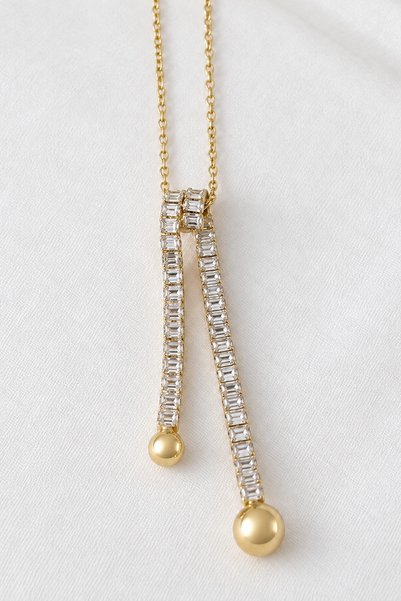 beus Zirkon Baget Taşlı Sallantılı Y Kolye 316L Paslanmaz Çelik Gold 40+6 cm - Kadın