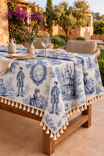 Luxoras Home مفرش طاولة من قماش الداك بنمط القصر الفرنسي الأزرق مع شراشيب
