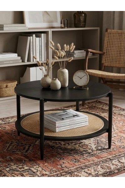 IN HOME STORE طاولة قهوة دائرية بتصميم مزدوج وطبقة روطان سوداء