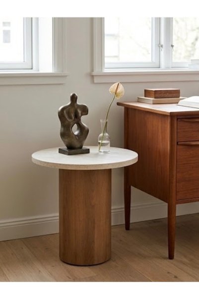IN HOME STORE Modern Design Side Table Marble Top Beige Wood Base