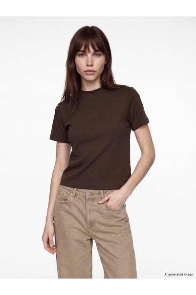 LC Waikiki تي شيرت نسائي من NEVAVM Farkıyla LCW Vision Brown Interlock ذو أكم...