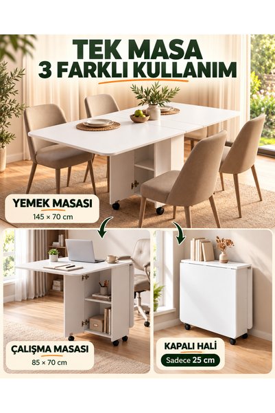 OMAYHOME MONZA YEMEK MASASI MUTFAK KANATLI TEKERLEKLİ VE KATLANIR BEYAZ