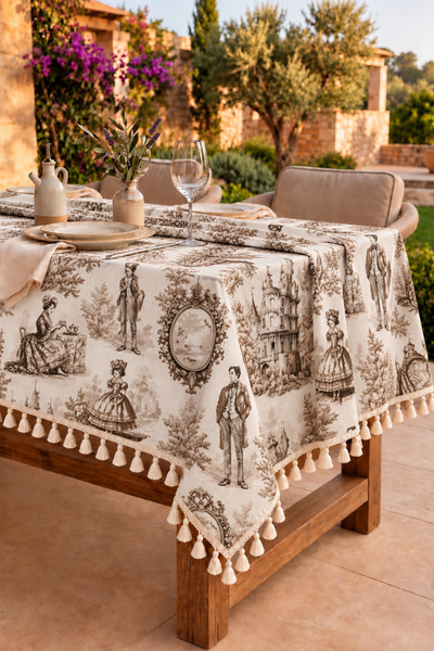 Luxoras Home Fransız Şato Desenli Püsküllü Duck Kumaş Masa Örtüsü