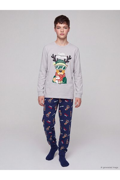 LC Waikiki Özmarka New Season Gray New Year's Themed Boys' Pajama Set