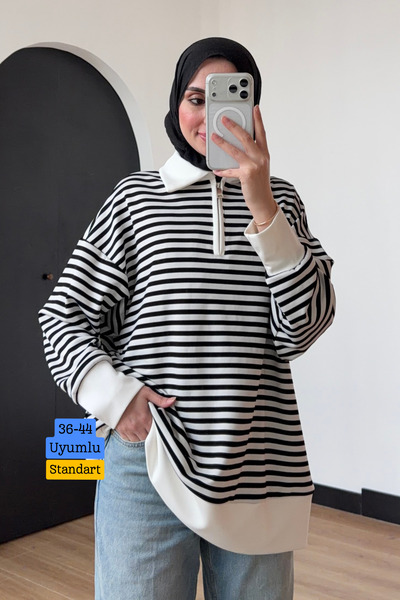 Mogi Butik Kadın Oysh Modal Kumaş Fermuarlı Polo Yaka Çizgili Tunik 3265 Kahv...