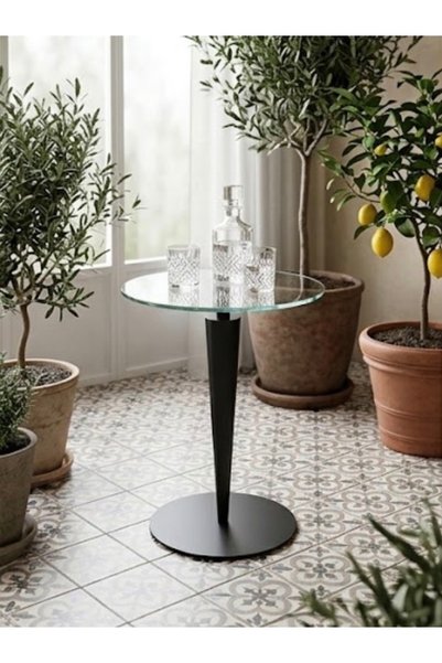 IN HOME STORE Side Table, Glass Top and Black Metal Base