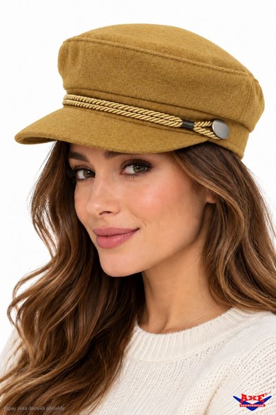 AXE SPORTSWEAR Mustard Color Cashmere Captain's Cap Hat with Rope Detail Styl...