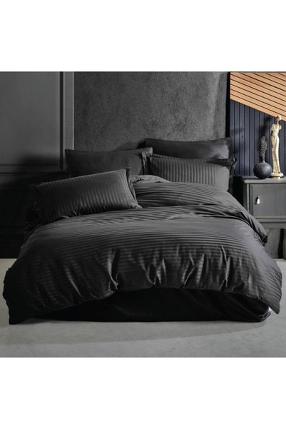 HomePuls Lenjerie pat dublu Damasc Bumbac 100% tip Hotel, dunga 1 cm, 4 piese...