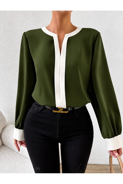 Sultanlıque Women's Gold Buckle V-Neck Contrast Piping Long Sleeve Stylish Bl...