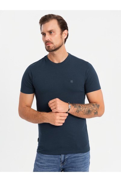 OMBRE Tricou bărbătesc SLIM FIT cu guler rotund și logo, albastru marin OM-TS...