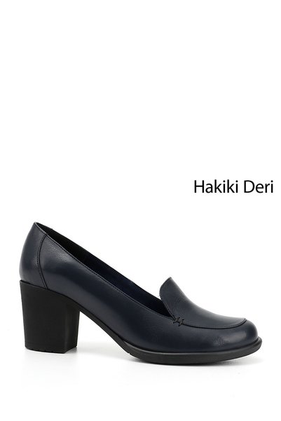 GÖNDERİ(R) Navy Blue Antique Gön Genuine Leather Round Toe Thick Heeled Rubbe...
