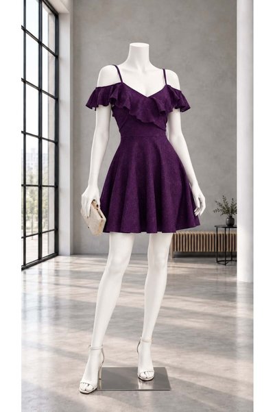 Modafeminen Stretchy Bright Purple Crepe Fabric Collar Flounce Detailed Strap...