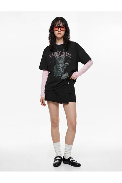 Koton Short Sleeve Chain Necklace Detailed Cotton Cat Print T-Shirt