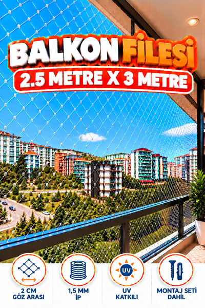 KONAK FİLE 2.5 METRE x 3 METRE Balkon Kuş Koruma Önleme Engelleme Filesi Güvenlik Güvenliği Koruması Filesi Ağı