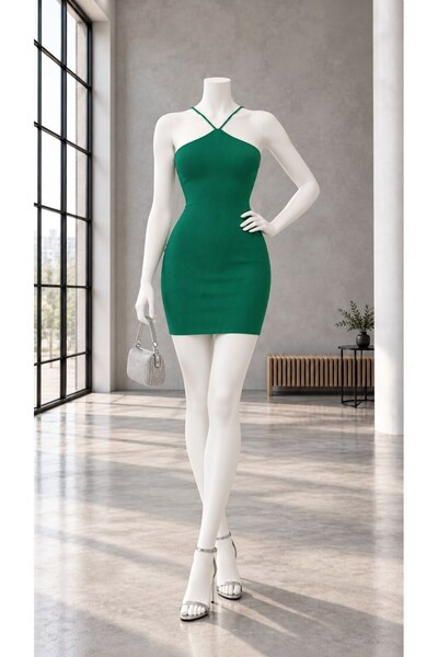 Modafeminen Halter Neck Knitwear Dress Emerald Tr0100