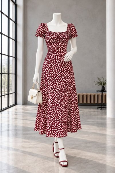 Modafeminen Desen1 Square Collar Midi Length Dress 582079