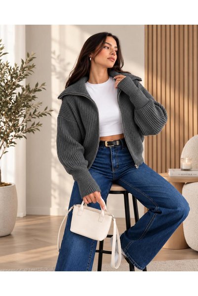 GAFE MODA Turn-Down Collar Zippered Knitwear Cardigan