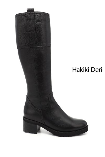 GÖNDERİ(R) Women's Black Floater Zippered Thick Heeled Genuine Leather Boots