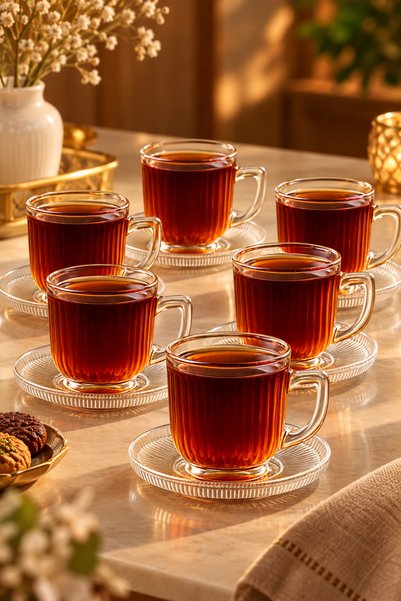 YzHome 6 Kişilik 12 Parça Cam Çay Takımı Çay Bardağı Ve Tabak Seti